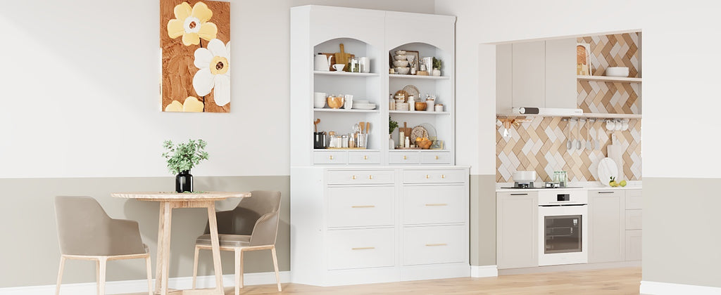 [Assembly Video Provided] TOPMAX Modern 83.7inch High Kitchen Pantry, Freestanding Tall Kitchen Hutch with Faux Marble Top,Cupboard Cabinet with 5 Storage Drawers and Adjustable Shelf, Set of 2, White - Grand Goldman Shop
