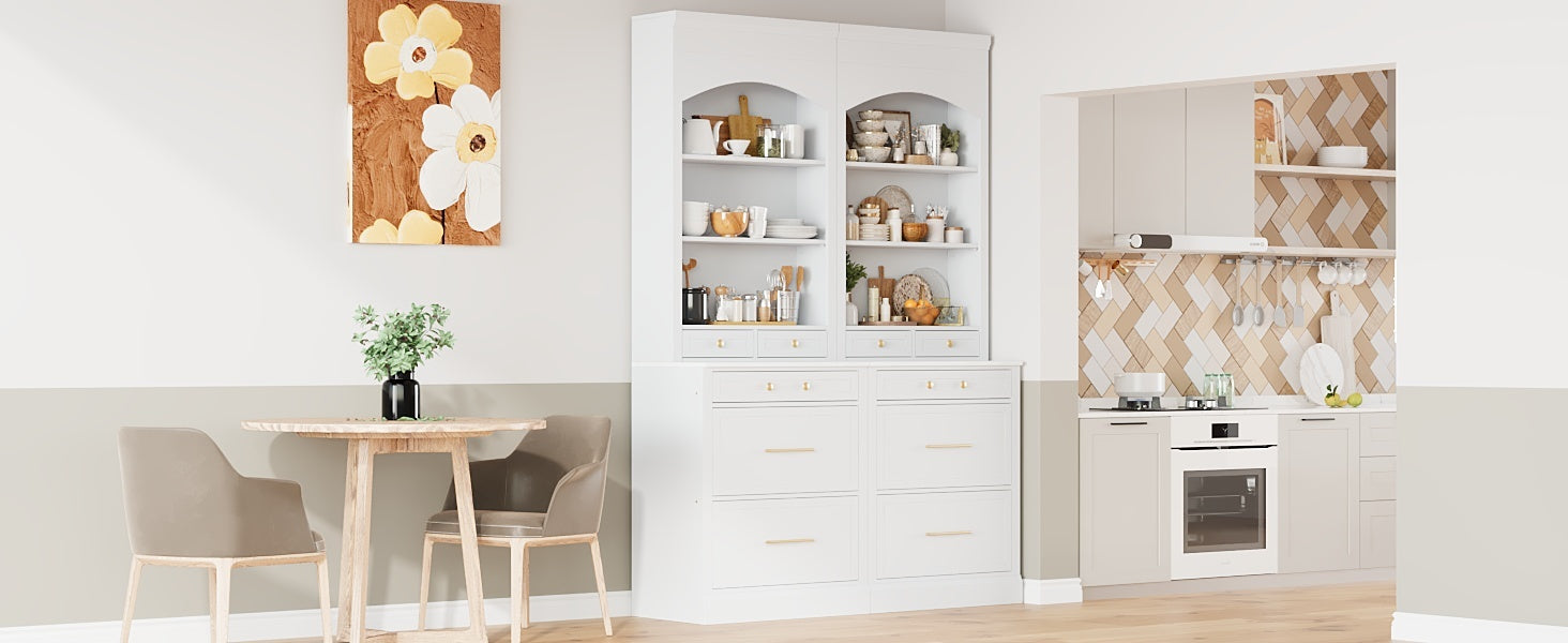 [Assembly Video Provided] TOPMAX Modern 83.7inch High Kitchen Pantry, Freestanding Tall Kitchen Hutch with Faux Marble Top,Cupboard Cabinet with 5 Storage Drawers and Adjustable Shelf, Set of 2, White - Grand Goldman Shop