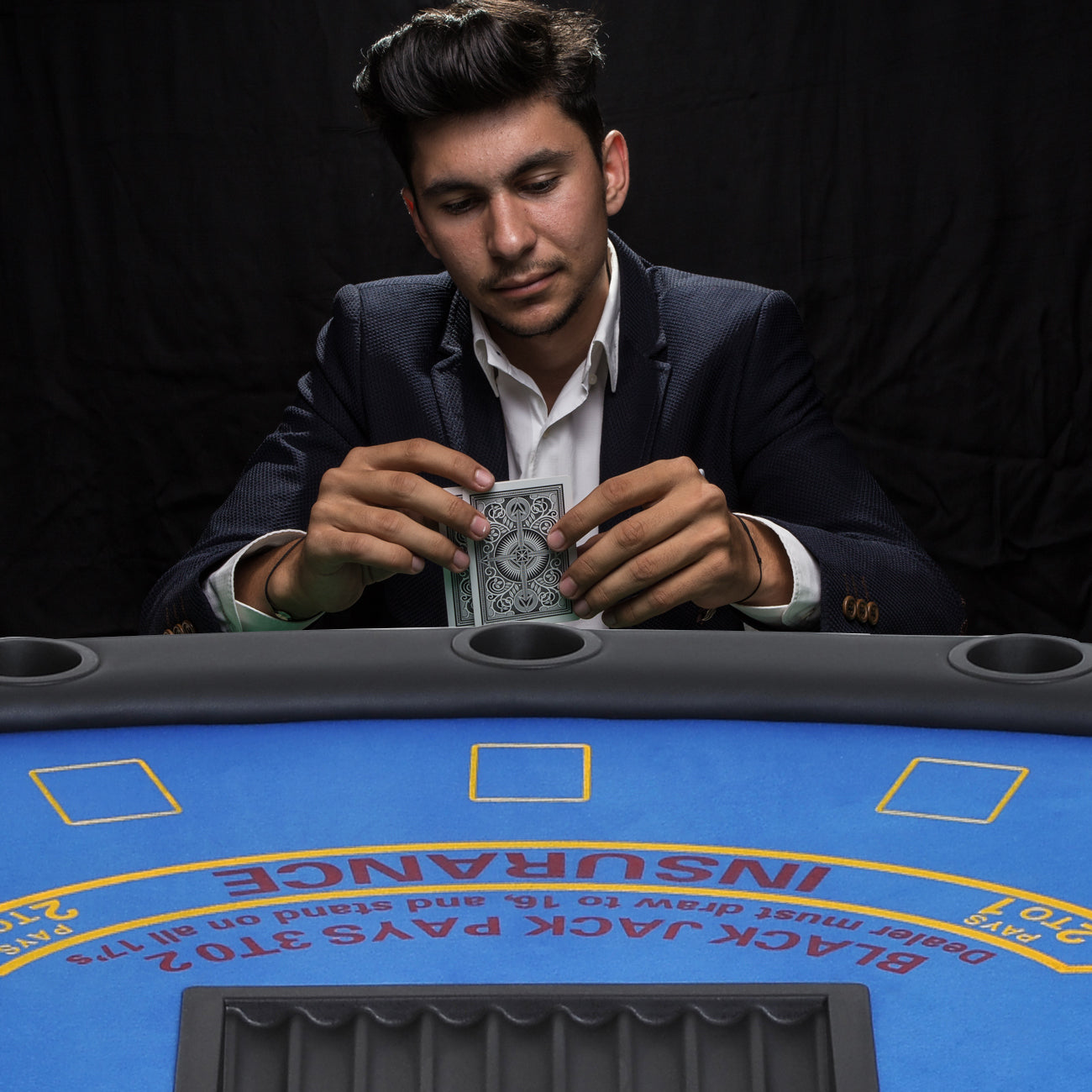 Soozier Poker Table Foldable, 72' Blackjack Table for 7 Players with Chip & Cup Holder, Blue Felt - Grand Goldman