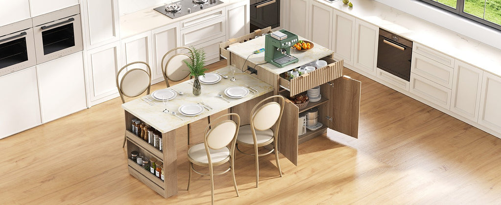 K&K 82.6' Fluted Kitchen Island with Extendable Dining Table for 4-6, Island Table for Kitchen with Power Outlet, Kitchen Table with Double-Side Storage, 2 Drawers 2 Side Open Shelves, Natural - Grand Goldman Shop