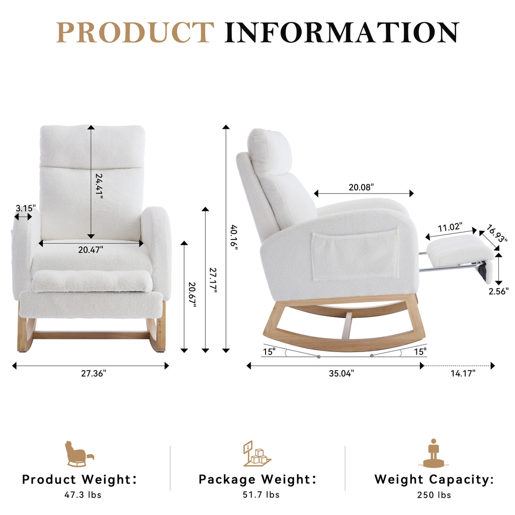 015B-Teddy Fabric Leisure Rocking Chair,Nursery Rocking Chair With Adjustable Footstool,Thickened Headrest And High Backrest, Storage Pocket On The Right Side,The Base Rocker Is Solid Wood,White - Grand Goldman Shop