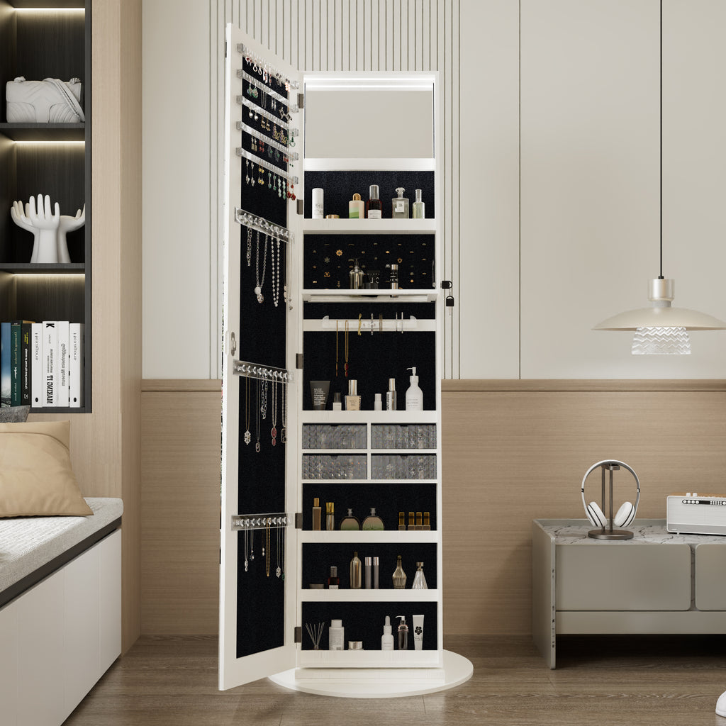 360°Swivel Jewelry Cabinet with Full Length Mirror, 360°Rotating Standing Jewelry Armoire Organizer, Lockable Storage Cabinet, Interior Lighted Mirror, White - Grand Goldman Shop