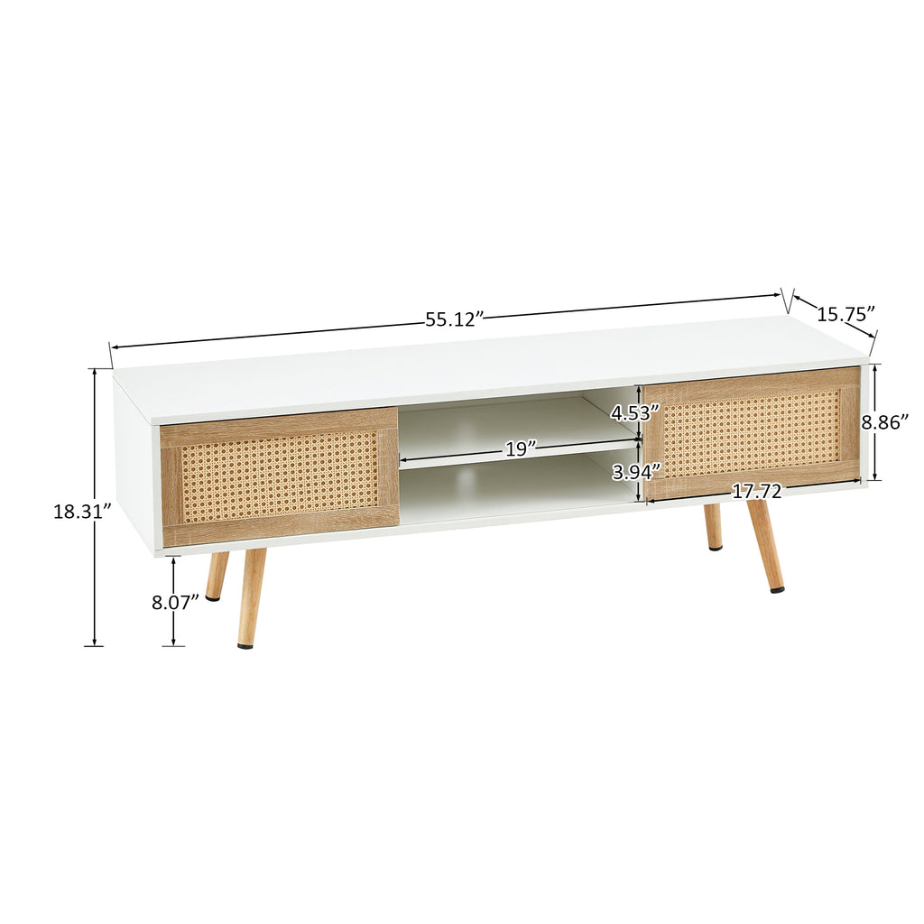 Modern Rattan TV Cabinet with Double Sliding Doors, Adjustable Shelf, Solid Wood Legs, White, 55.12 inches - Grand Goldman Shop
