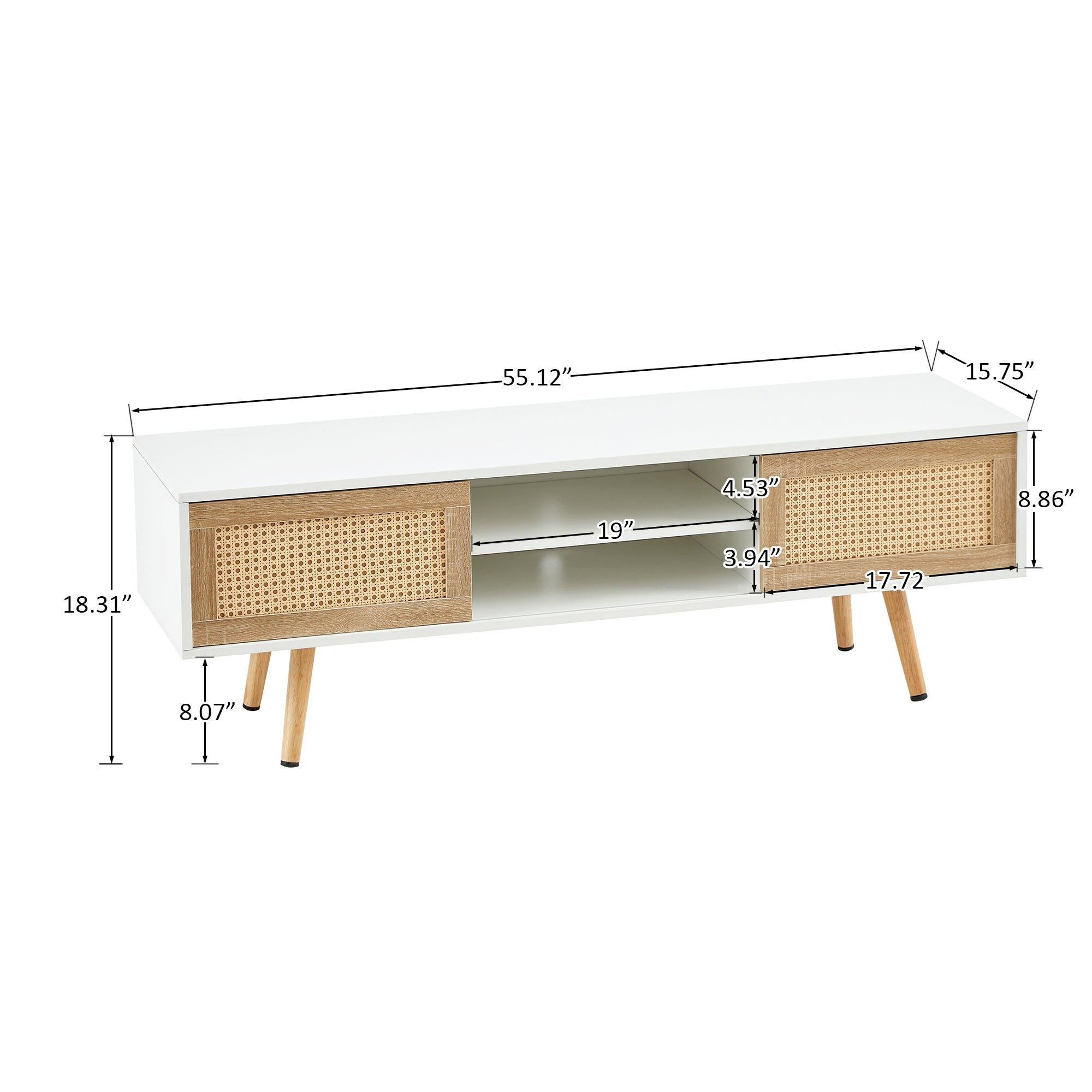 Modern Rattan TV Cabinet with Double Sliding Doors, Adjustable Shelf, Solid Wood Legs, White, 55.12 inches - Grand Goldman Shop