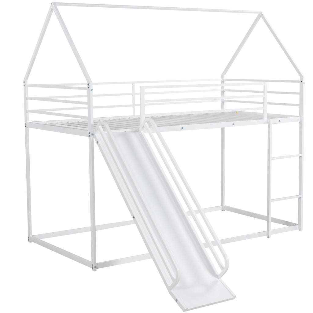 Zulah Twin over Twin House Bunk Bed with Ladder and Slide, White - Grand Goldman Shop
