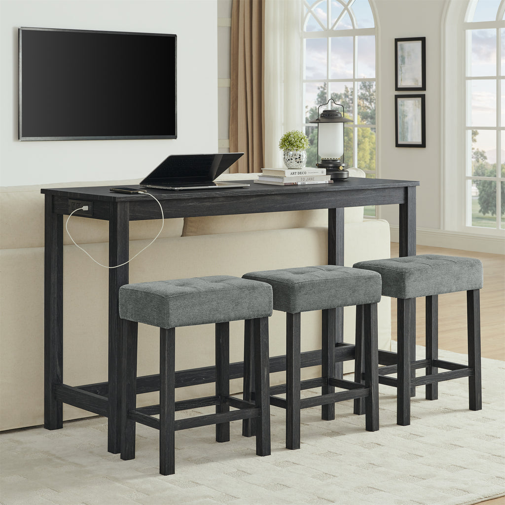 59 Inch Bar Table, Dining Table, Sofa Table with Power Outlet, 3 Upholstered Stools, 4 Piece Bar Table and Chair Set for Living Room, Dining Room, Kitchen - Grand Goldman Shop