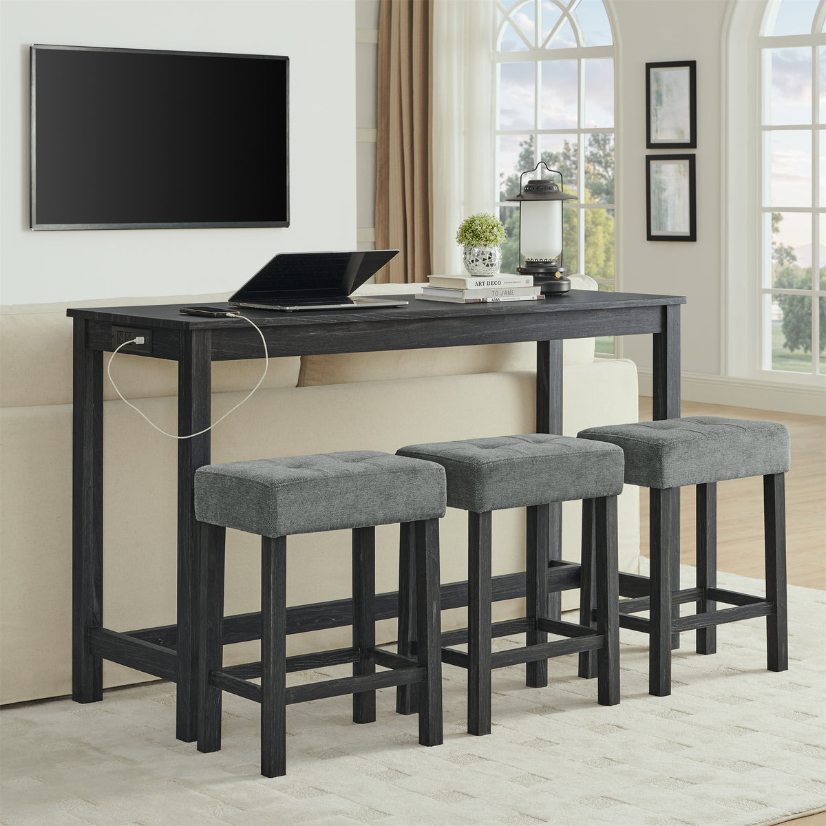59 Inch Bar Table, Dining Table, Sofa Table with Power Outlet, 3 Upholstered Stools, 4 Piece Bar Table and Chair Set for Living Room, Dining Room, Kitchen - Grand Goldman Shop