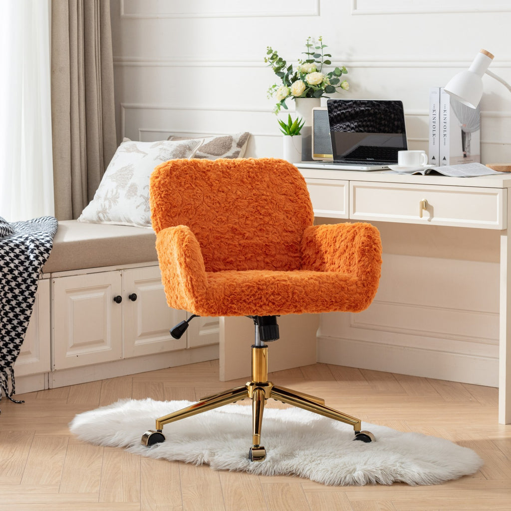 A&A Furniture Office Chair, Artificial Rabbit Hair with Golden Metal Base, Adjustable Swivel Desk Chair, Orange | Premium Hom