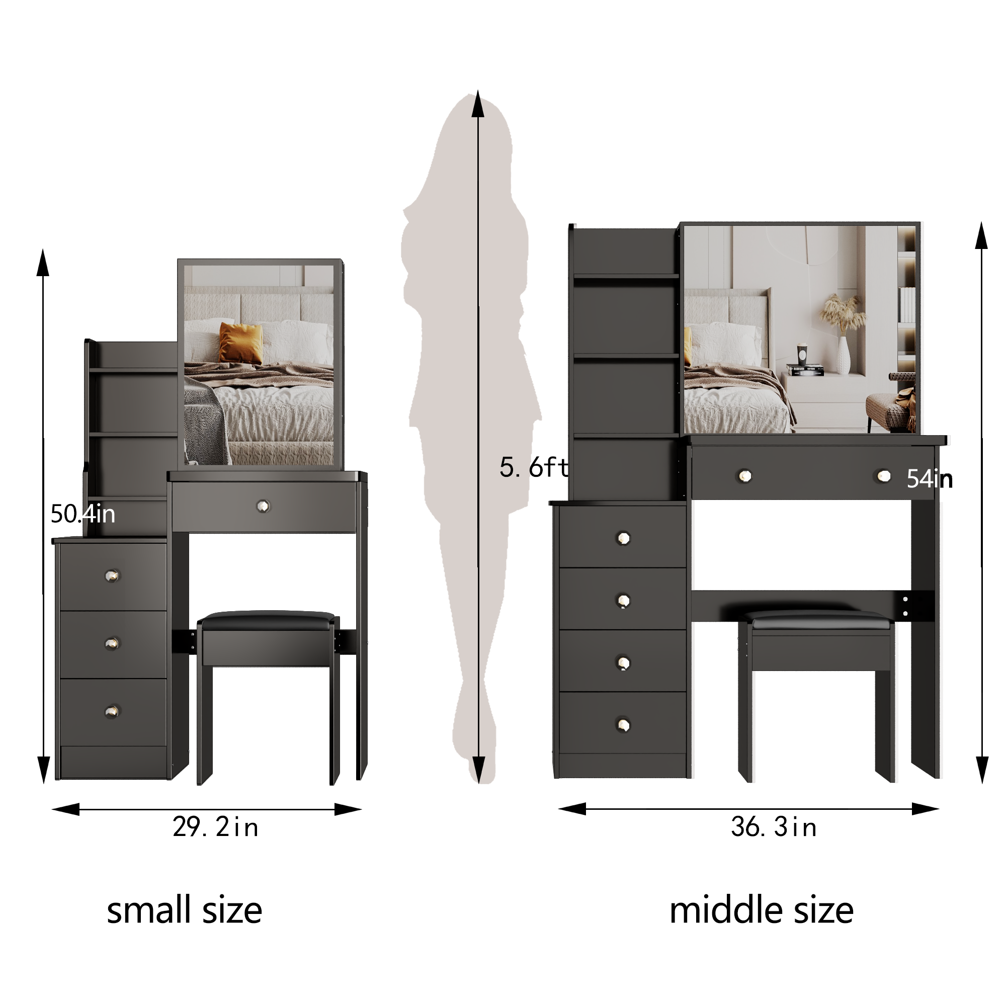 29.2' Small Space Left Bedside Cabinet Vanity Table + Cushioned Stool, Extra Large Right sliding mirror, Multi Layer High Capacity Storage, Practical Fashionable Dresser, Suitable For Small Space - Grand Goldman Shop