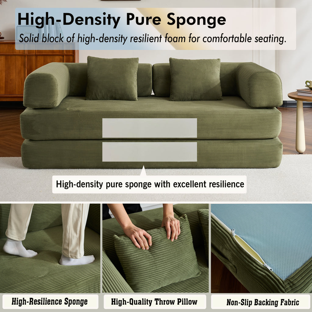 Convertible Sleeper Sofa Bed with Cylindrical Pillow, Corduroy Folding Mattress Couch with Fixed-Shape Frame, Floor Sofa Lounge Couch for Living Room Bedroom (Green) - Grand Goldman Shop