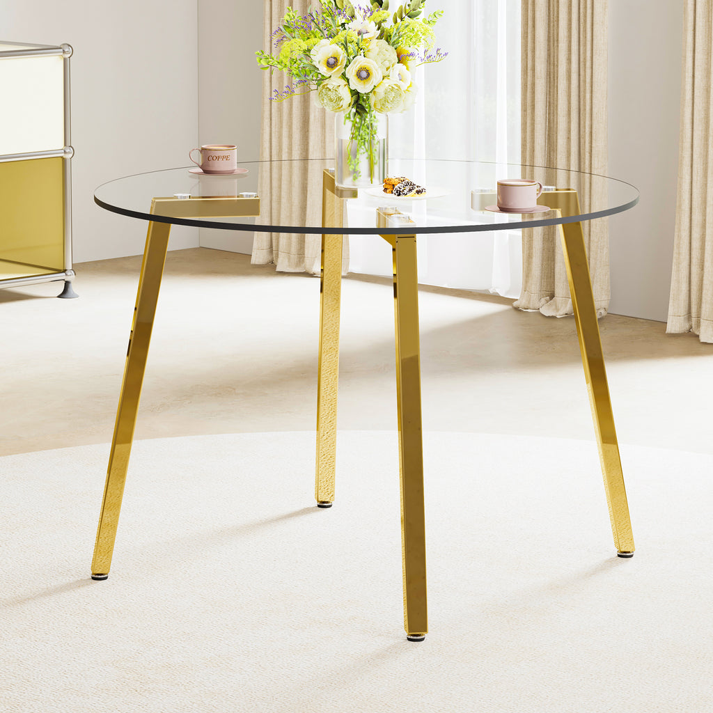 Modern minimalist style circular transparent tempered glass table, tempered glass tabletop, golden metal legs, suitable for kitchen, dining room, and living room, 42 '* 42' * 29.5 '1123r - Grand Goldman Shop