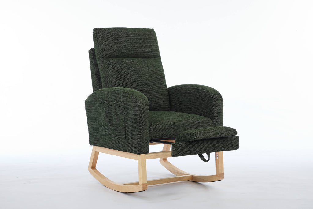 Modern Accent Rocking Chair Rocking Chair with Solid Wood Legs, Upholstered Nursery Glider Rocker, Comfy Armchair with Side Pocket, Living Room Lounge Arm Chair with High Backrest fabric - Grand Goldman Shop