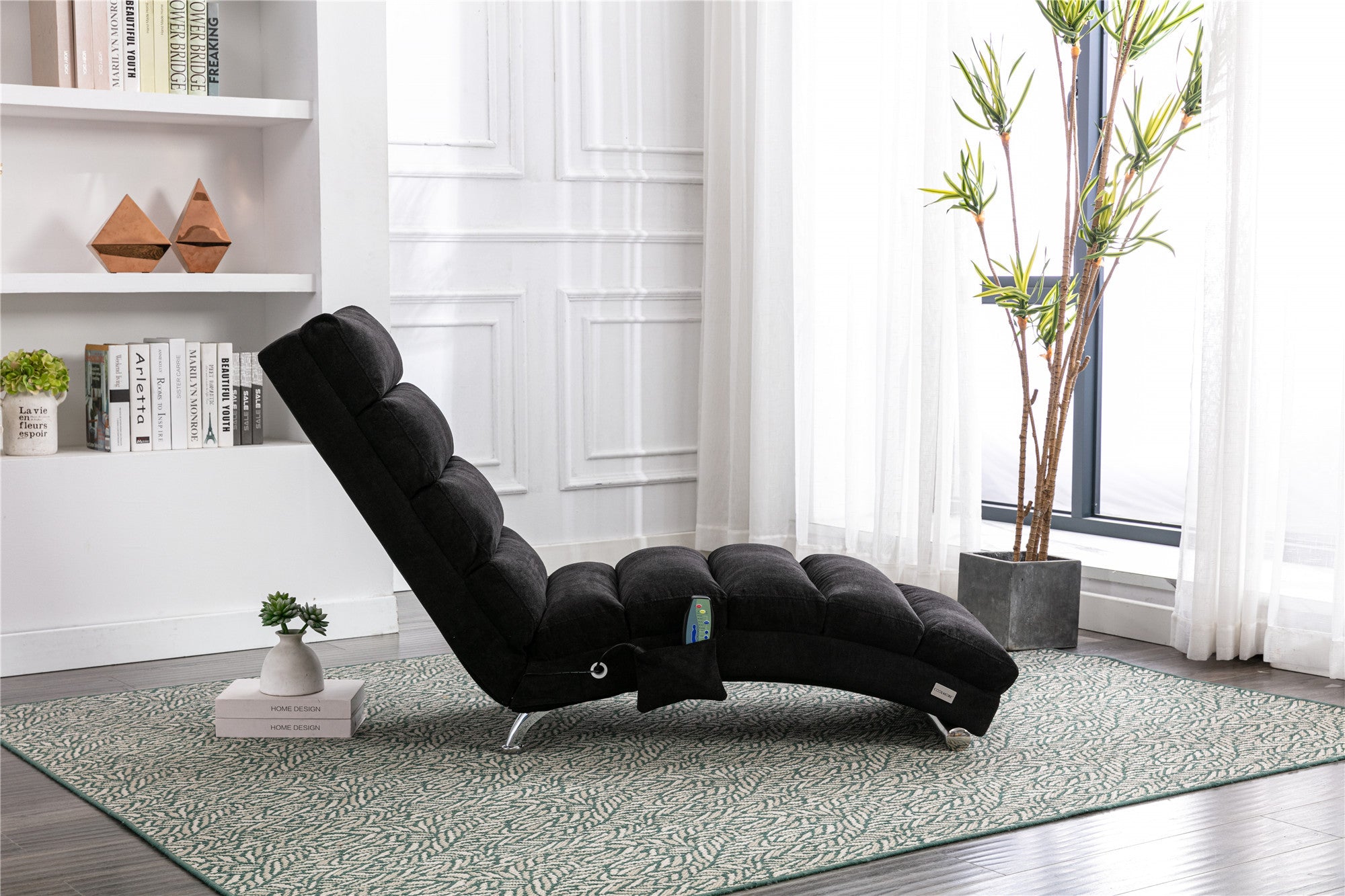COOLMORE Luxury Upholstered Chaise Lounge Chair with Vibration for Relaxation, Modern Fixed Back Fabric Leisure Recliner Sofa for Living Room/Bedroom - Grand Goldman Shop