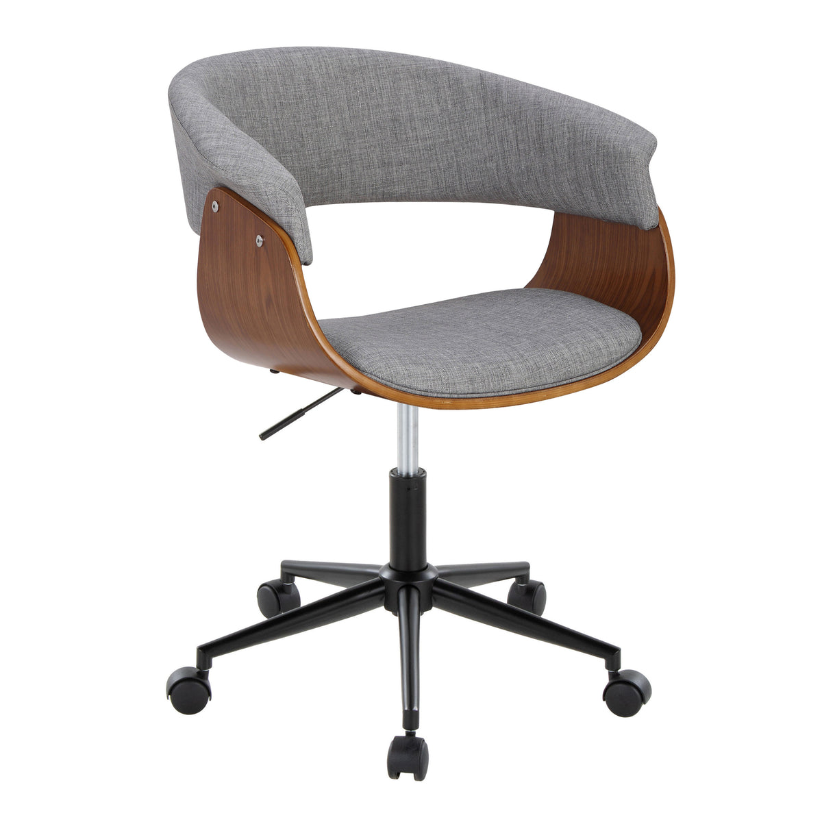 Mid-Century Modern Office Chair in Black Metal, Walnut Wood and Light Grey Fabric - Grand Goldman