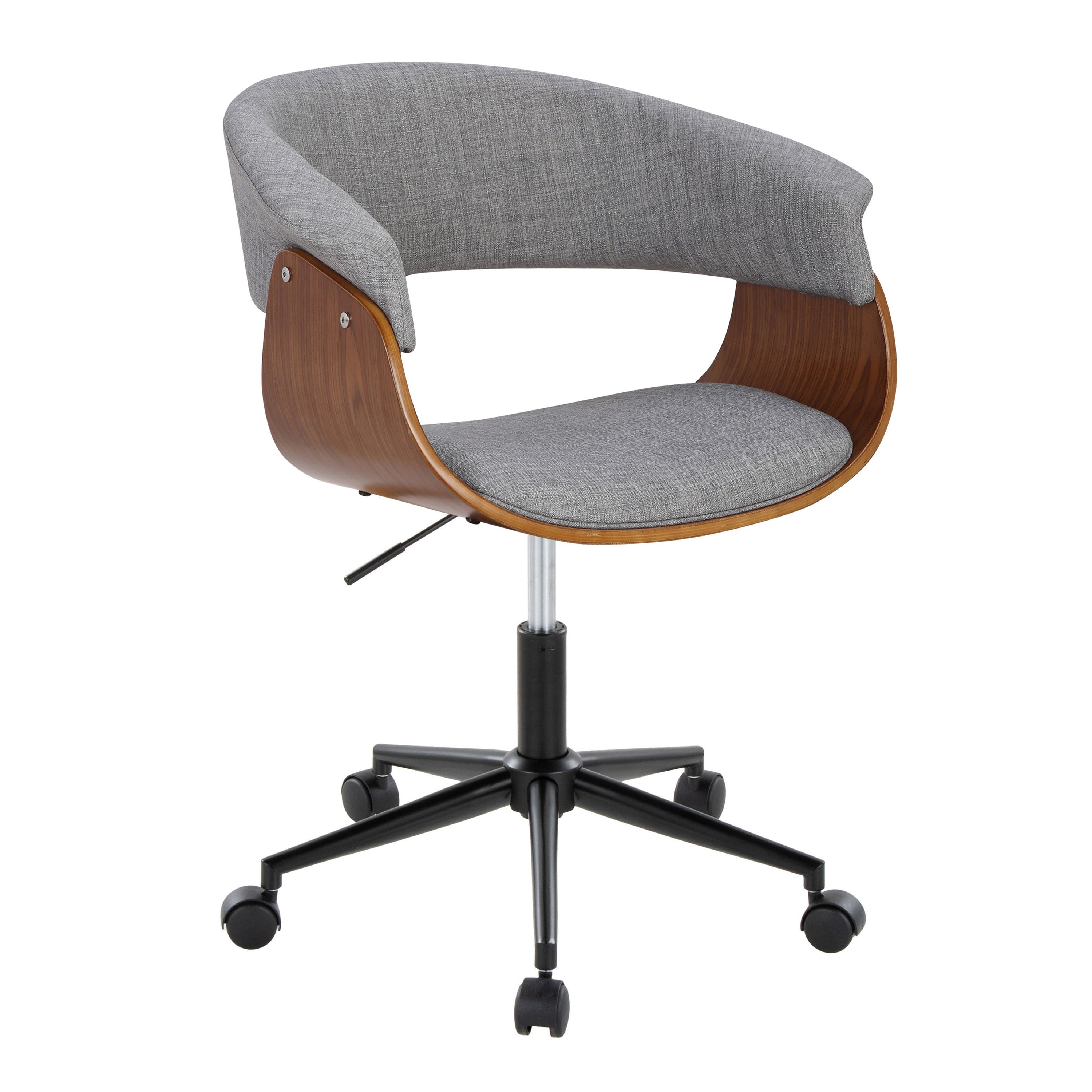 Mid-Century Modern Office Chair in Black Metal, Walnut Wood and Light Grey Fabric - Grand Goldman