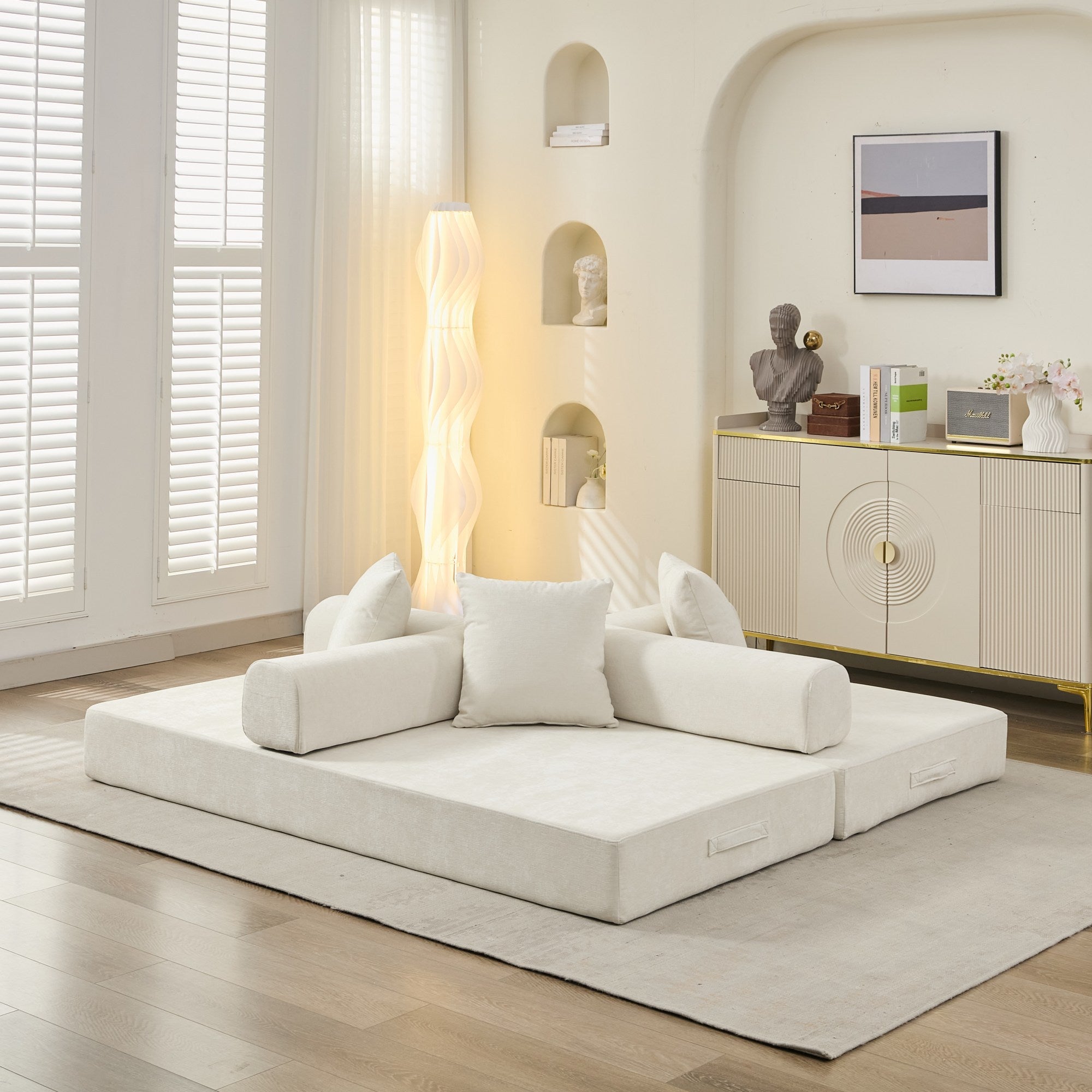 Comfy Convertible Folding Mattress Couch, Floor Sofa Bed, Chenille Floor Sofa with Armrest, Floor Sofa Lounge Couch for Living Room Bedroom Lounge Studio-Beige - Grand Goldman Shop