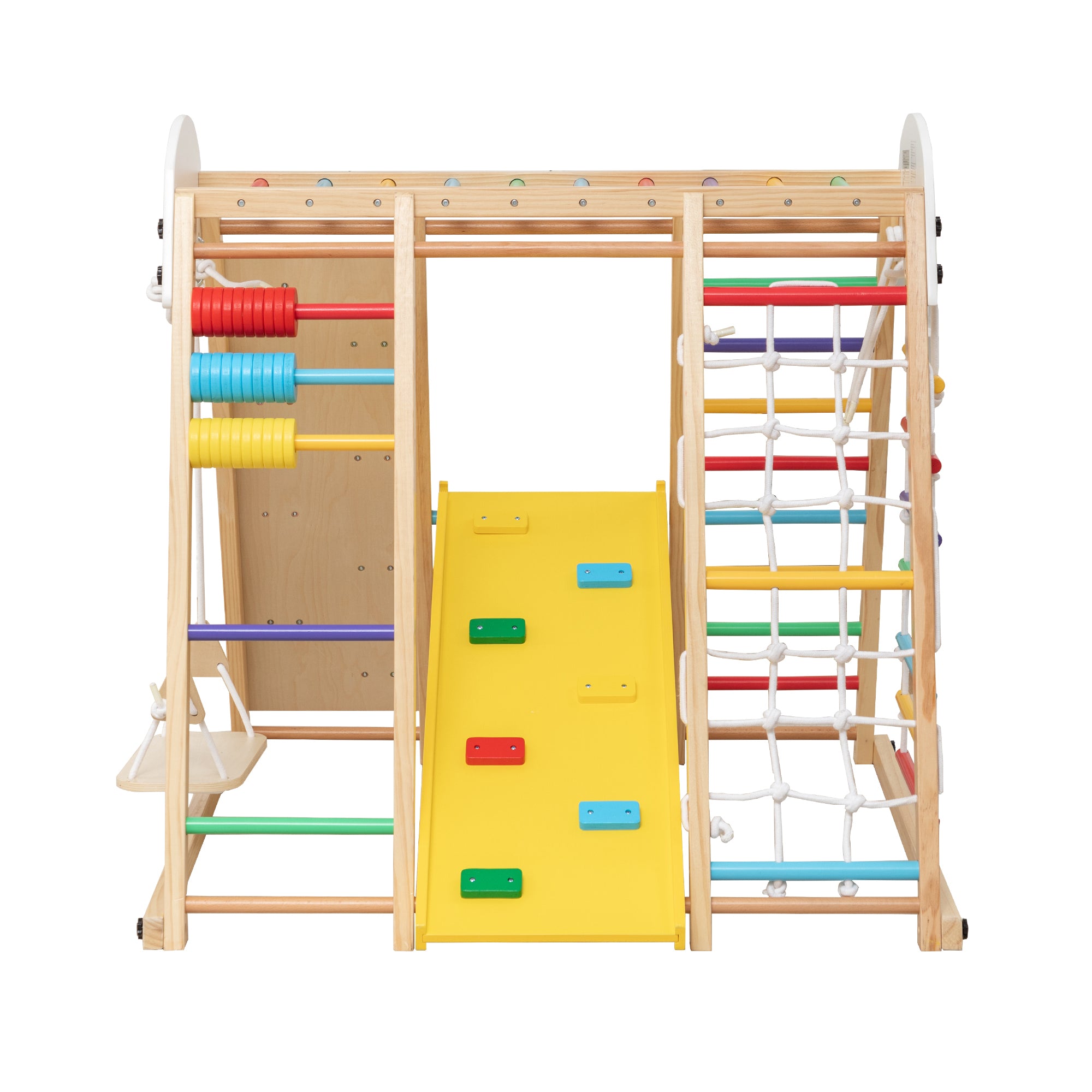 9-in-1 Foldable Kids Climbing Frame & Slide, Wooden Toddler Playground with Swing, Monkey Bars, Climbing Rock, Abacus Game – 