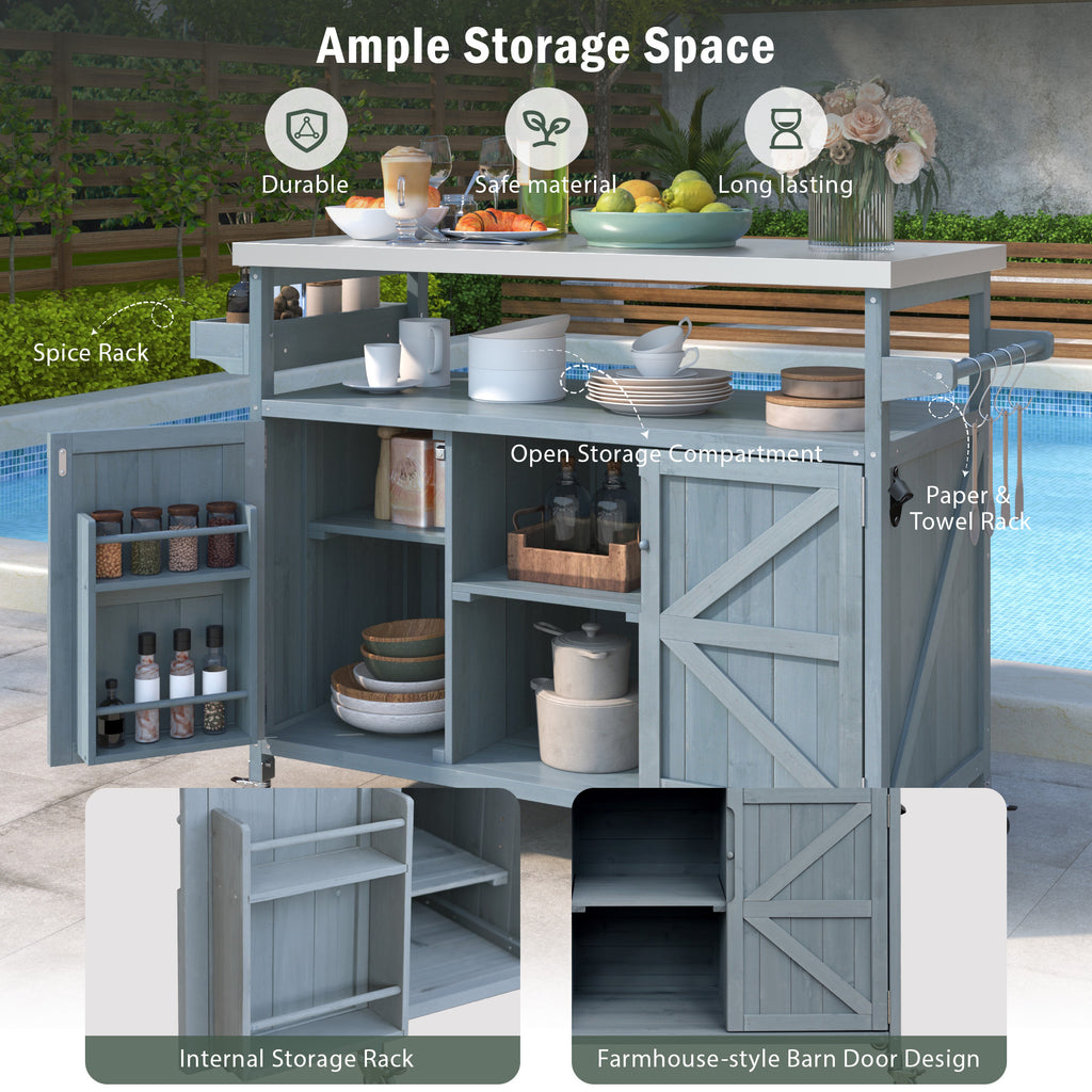 K&K Outdoor Kitchen Island, Rolling Bar Cart & Storage Cabinet, Farmhouse Solid Wood Outdoor Grill Table with Stainless Steel Top, Spice Rack , Towel Rack for Kitchen & BBQ , Grey Blue - Grand Goldman Shop