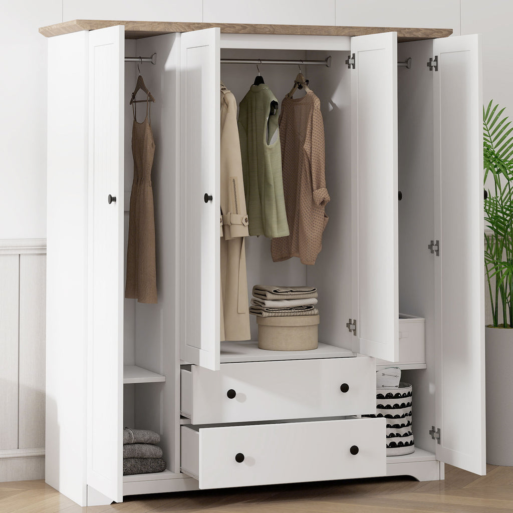White 4 Door Wardrobe Armoire with 2 Drawers, Pine Wood + MDF, 60.6''L x 20.8''W x 68.5''H - Grand Goldman Shop