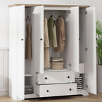 White 4 Door Wardrobe Armoire with 2 Drawers, Pine Wood + MDF, 60.6''L x 20.8''W x 68.5''H - Grand Goldman Shop