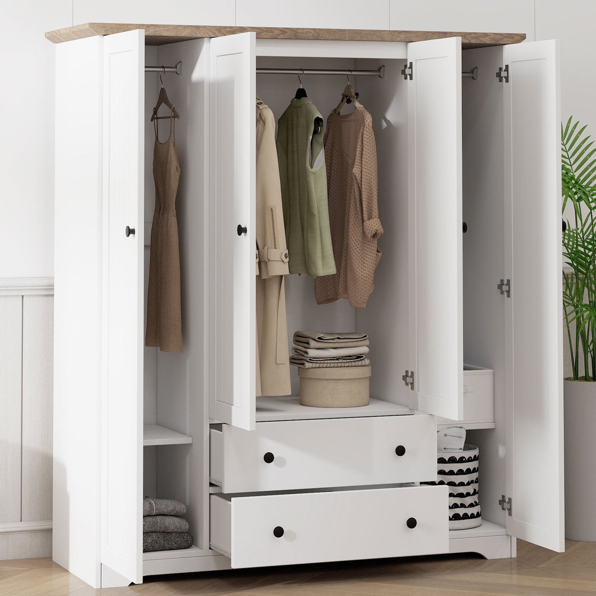 White 4 Door Wardrobe Armoire with 2 Drawers, Pine Wood + MDF, 60.6''L x 20.8''W x 68.5''H - Grand Goldman Shop