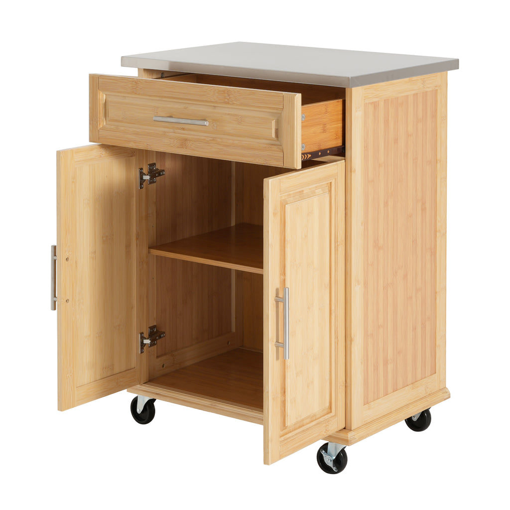 Indoor Compact Bamboo Rolling Kitchen Cart with Stainless Steel Top – Mobile Storage Island with Drawer & Cabinet for Small Spaces - Grand Goldman Shop