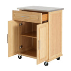 Indoor Compact Bamboo Rolling Kitchen Cart with Stainless Steel Top – Mobile Storage Island with Drawer & Cabinet for Small Spaces - Grand Goldman Shop