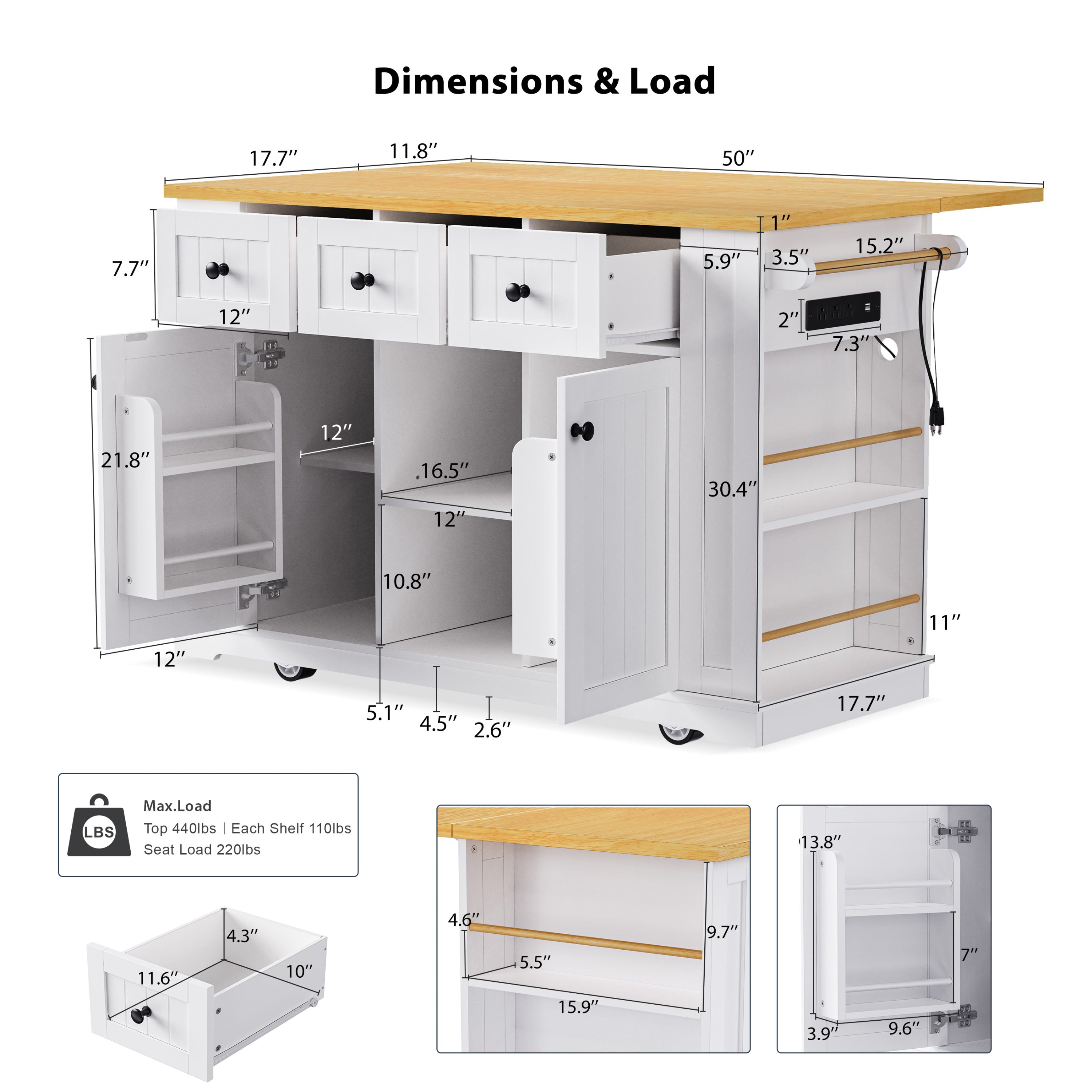 K&K 53inch Large Kitchen Island with Drop Leaf,Power Outlet,Door Internal Storage Rack,Rolling Kitchen Cart on 5 Wheels with 5 Open Side Racks for Kitchen,White (Two Packages)(Stools not included) - Grand Goldman Shop