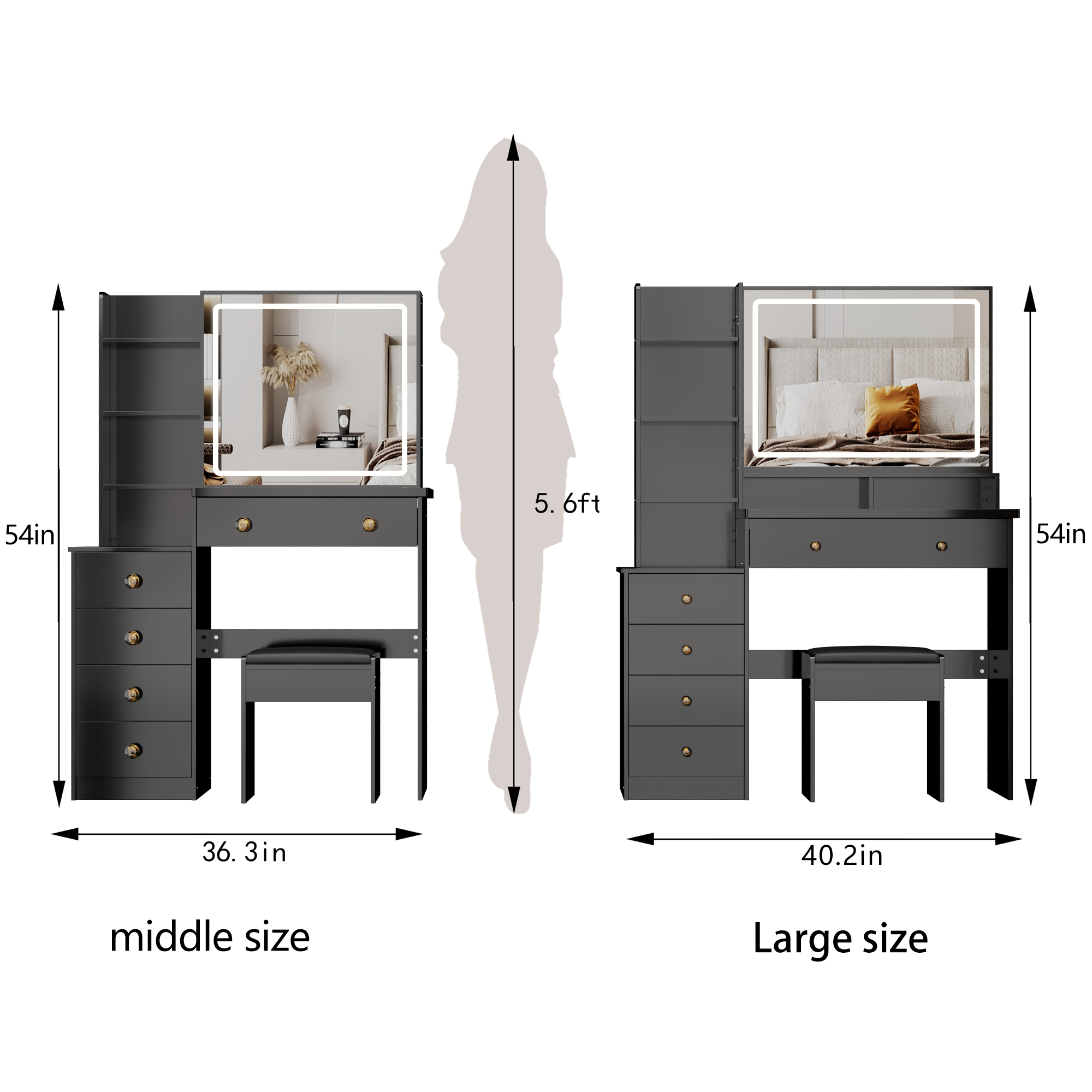 41' Large Sized Bedside Cabinet Vanity Table + Cushioned Stool, Extra Large Touch Control LED Mirror, 3-color Switch, Multi Layer High Capacity Storage Fashionable Dresser, EPA, GCC, UL Certificate - Grand Goldman Shop