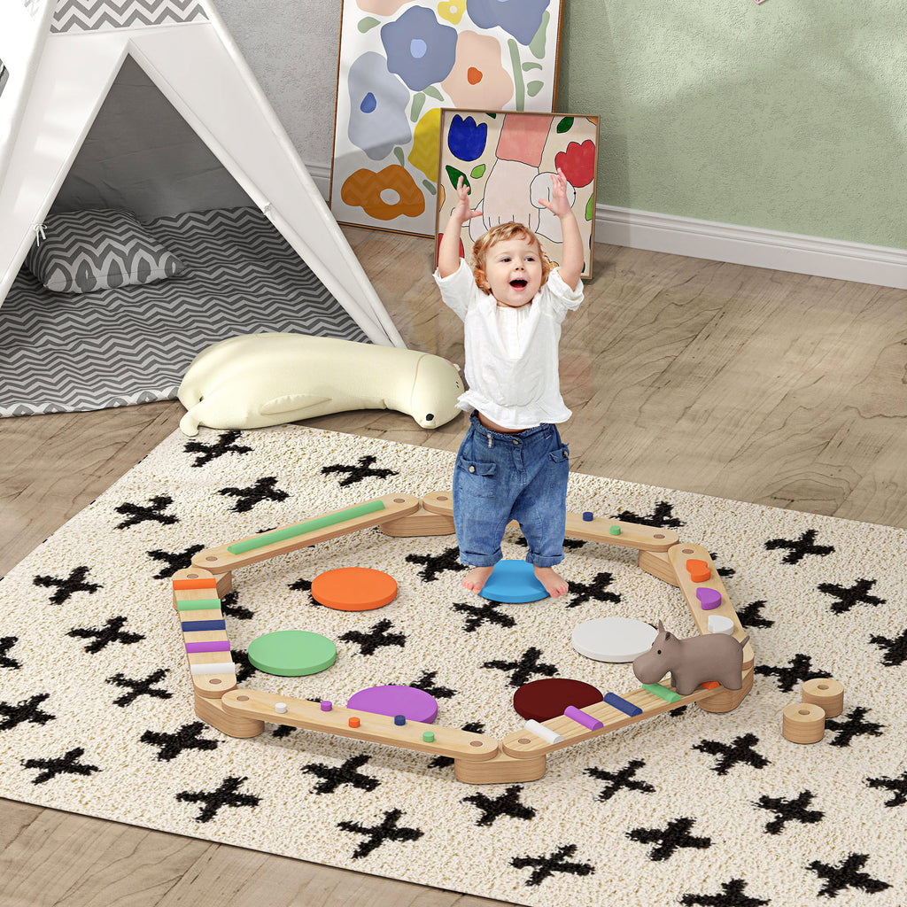 Qaba Kids Balance Beam, Wooden Balance Board with Stepping Stones, Gymnastics Obstacle Course for Toddlers 3-8 Years for Moto