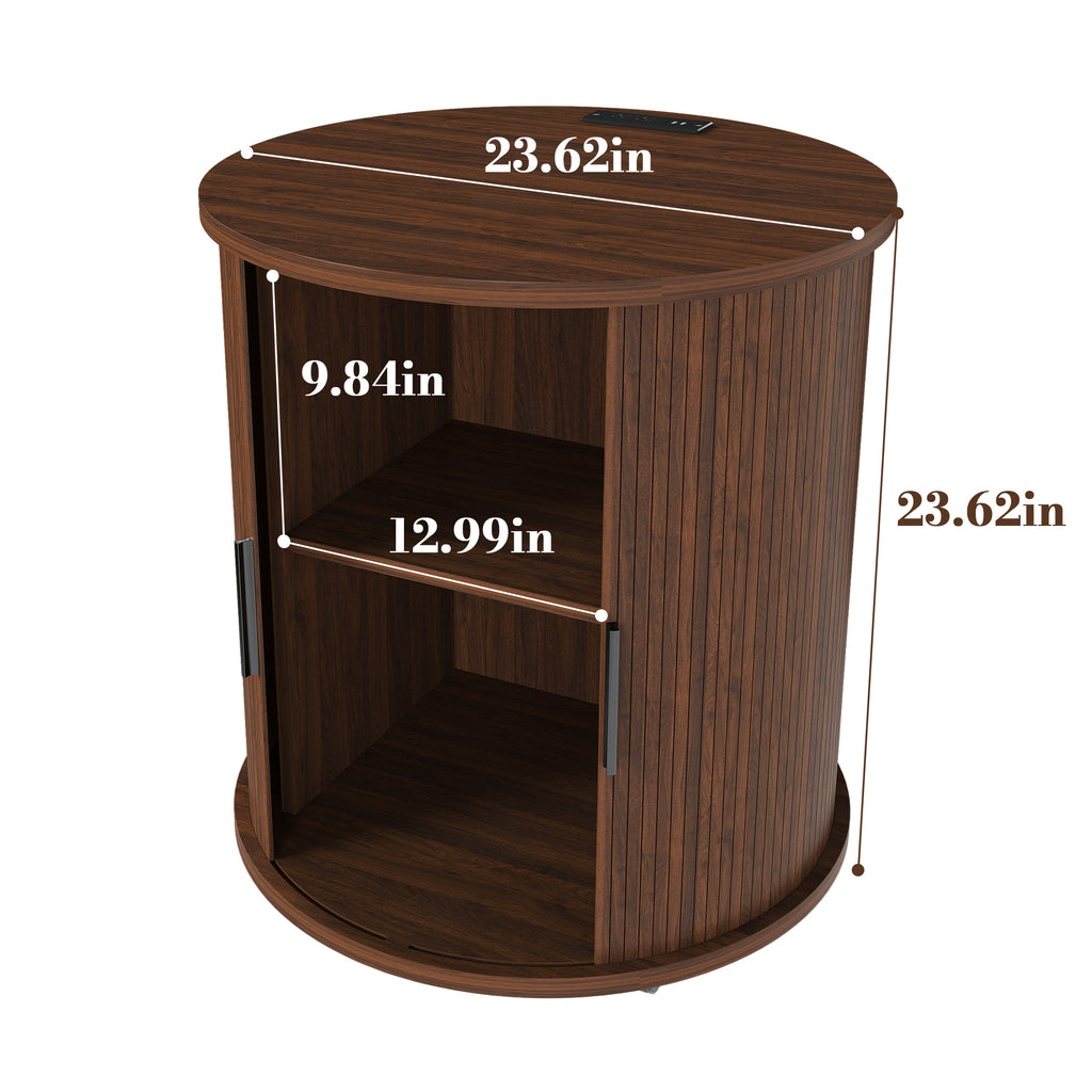 Mid Century Modern Cylinder End Table with Built-in Charging Station & Sliding Door, 2-Tier Storage Round Nightstand with USB Ports, Walnut Bedside Table for Living Room, Bedroom, Entryway - Grand Goldman Shop