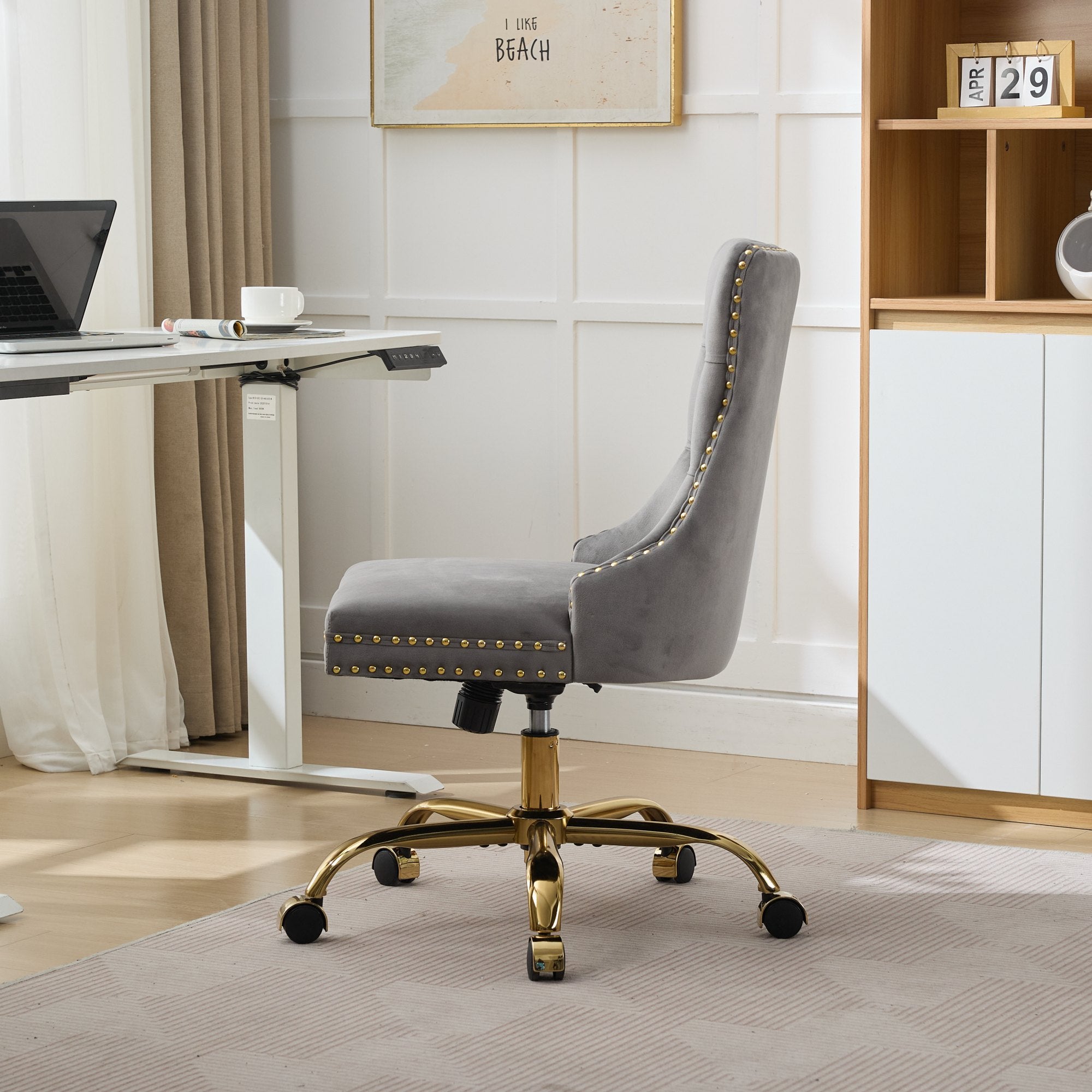 A&A Furniture Office Chair,Modern Velvet Upholstered Tufted Button Home Office Chair with Golden Metal Base,Adjustable Desk C
