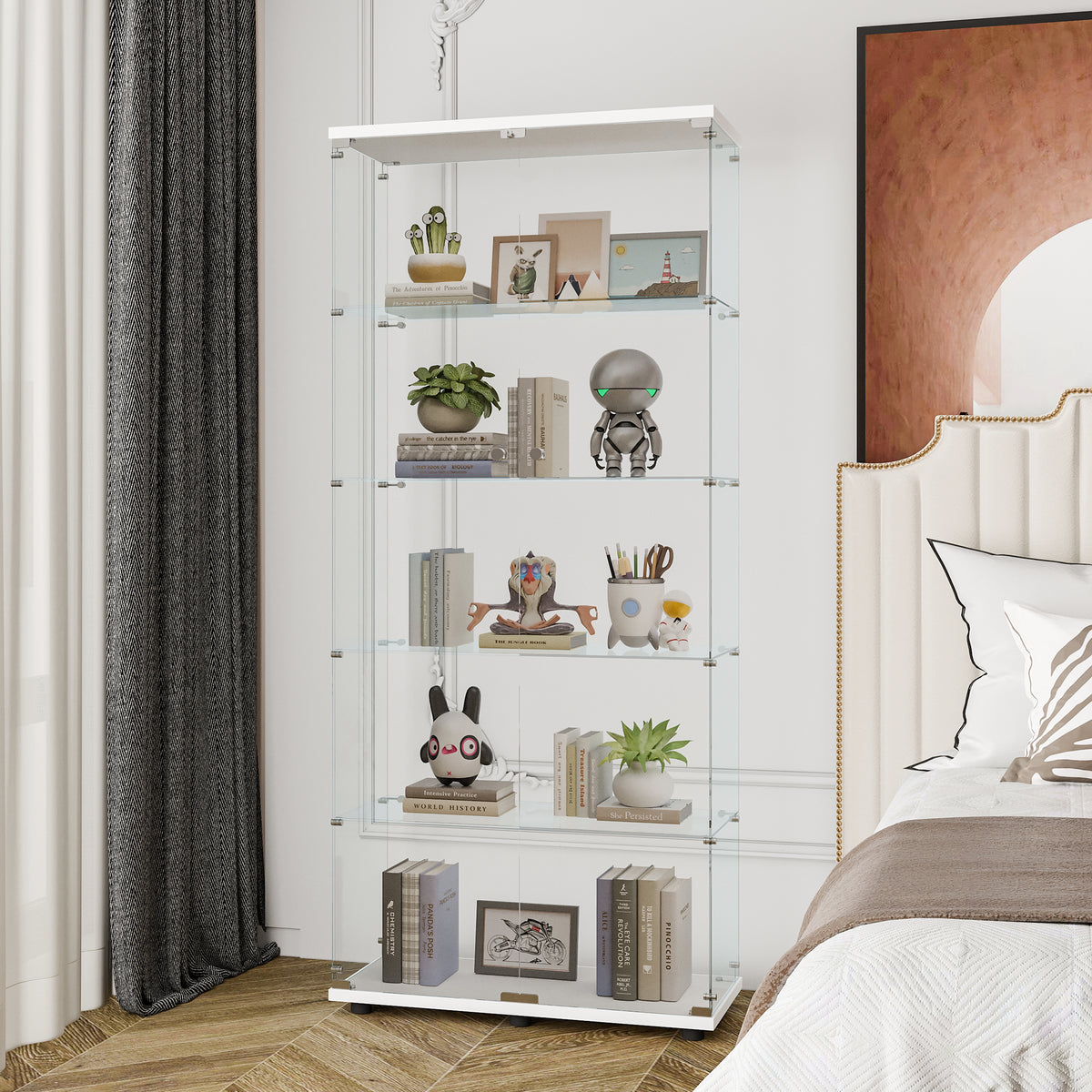 Glass Display Cabinet with 5 Shelves Double Door, Curio Cabinets for Living Room, Bedroom, Office, White Floor Standing Glass