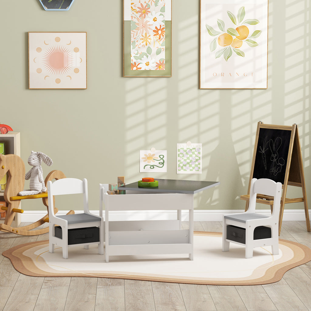 Qaba 3 Piece Kids Table and Chair Set, 2 in 1 Toddler Table and Chair Set with Reversible Tabletop Blackboard, Storage & Book
