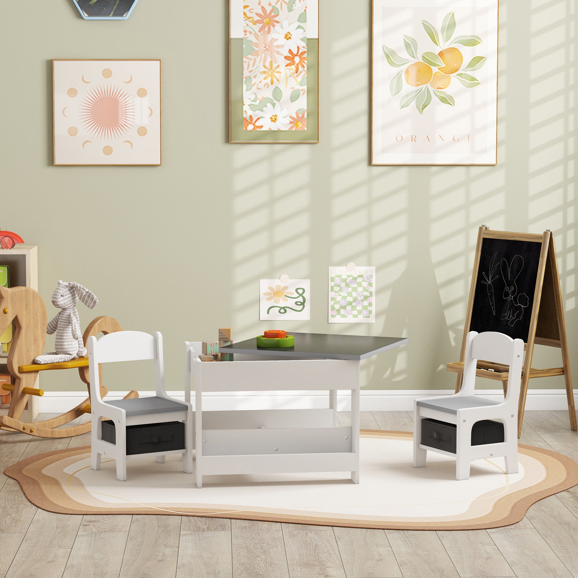 Qaba 3 Piece Kids Table and Chair Set, 2 in 1 Toddler Table and Chair Set with Reversible Tabletop Blackboard, Storage & Book