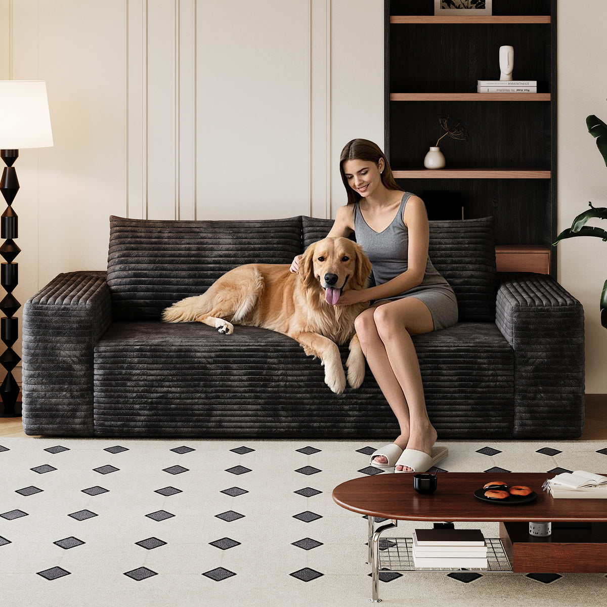 71' 3Setaser Sofa,Corduroy Fabric,Deep Seat Couches,Comfy Loveseat Sofa,No Assembly,1pcs for Living room, Bedroom,Conference room ,Apartment,Black - Grand Goldman Shop
