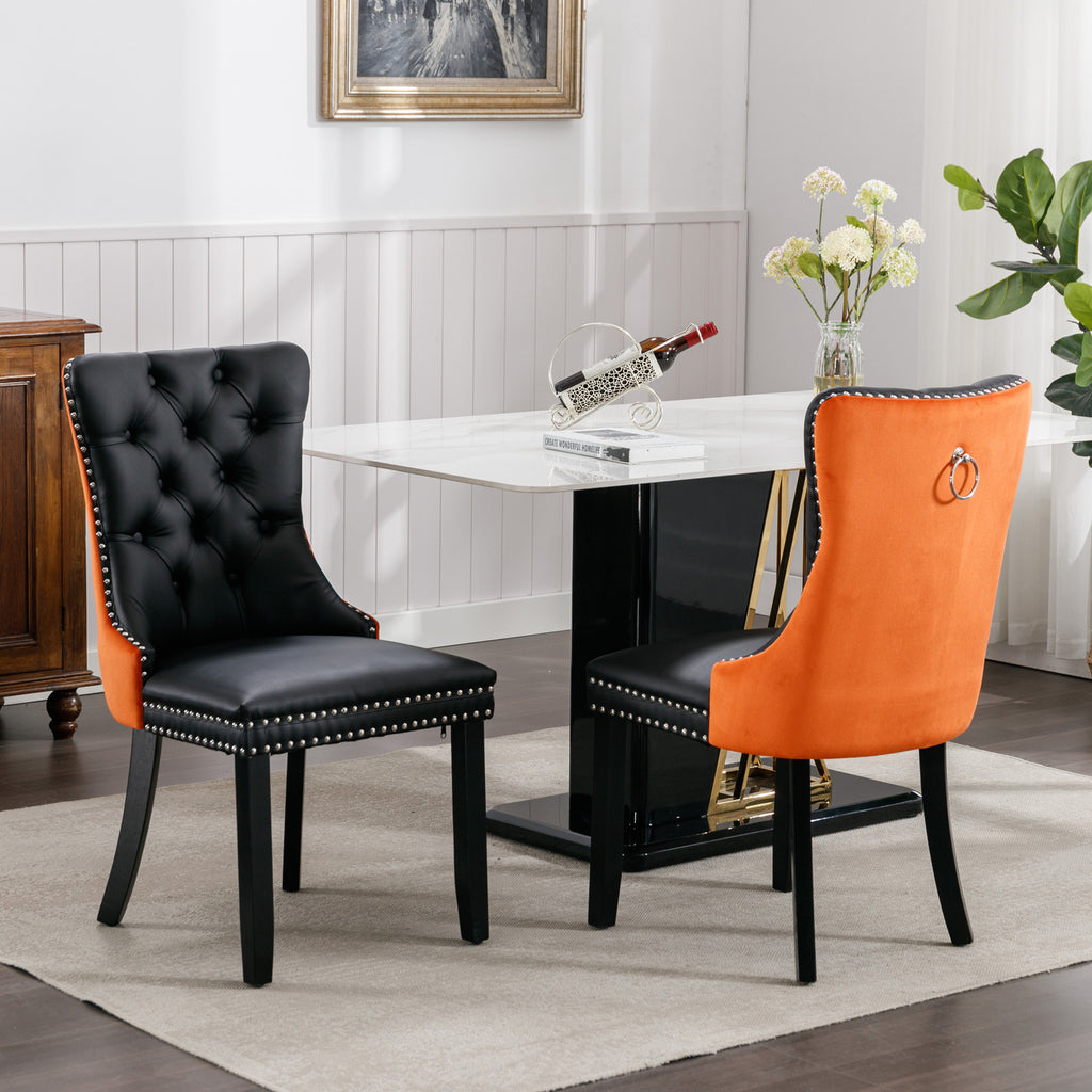 A&A Furniture,Nikki Collection Modern, High-end Tufted Solid Wood Contemporary PU and Velvet Upholstered Dining Chair with Wood Legs Nailhead Trim  2-Pcs Set，Black+Orange, SW2101BO - Grand Goldman Shop