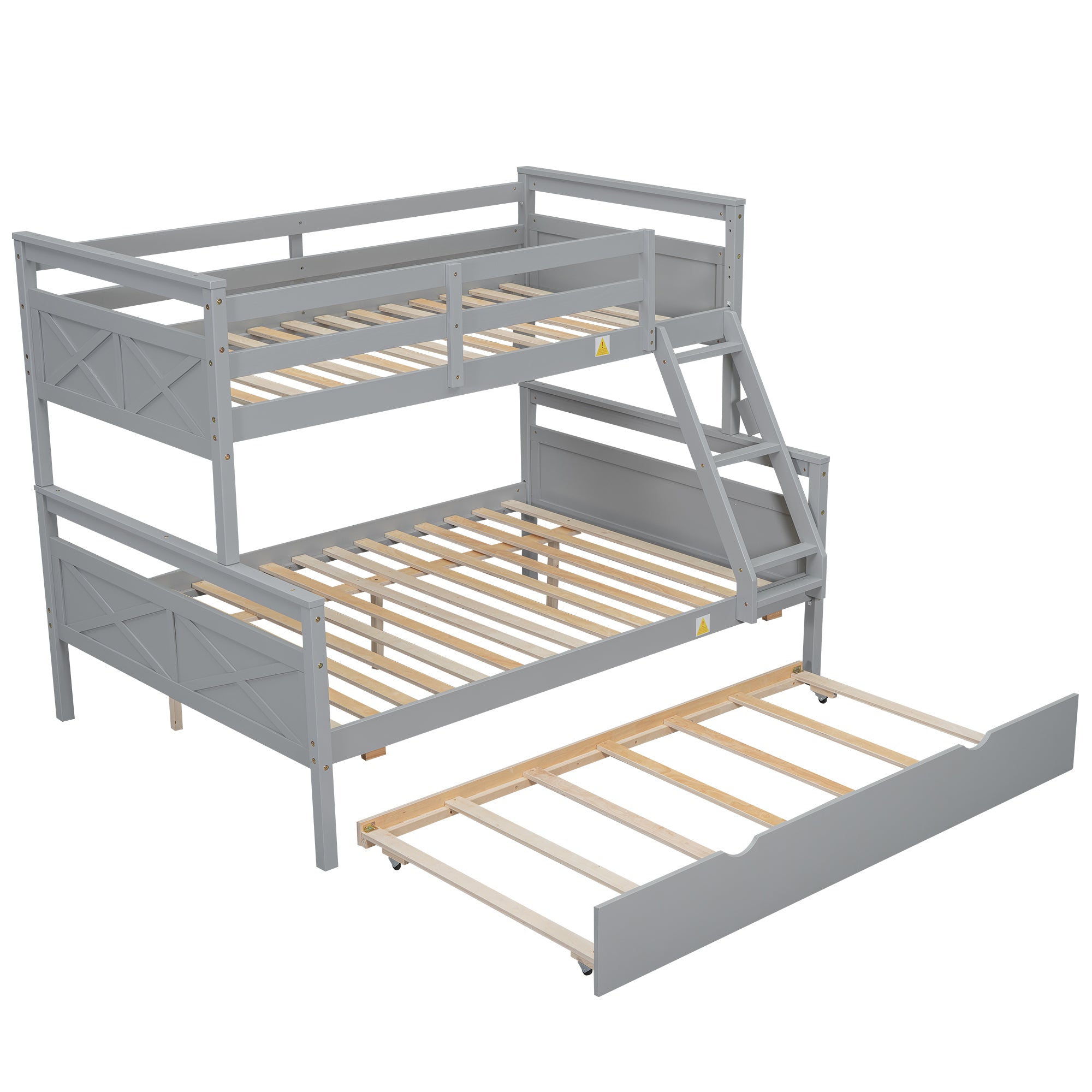 Gray Twin Over Full Bunk Bed with Ladder and Twin Trundle, Pine Wood Frame, 79.3''L x 57.1''W x 61.3''H - Grand Goldman Shop