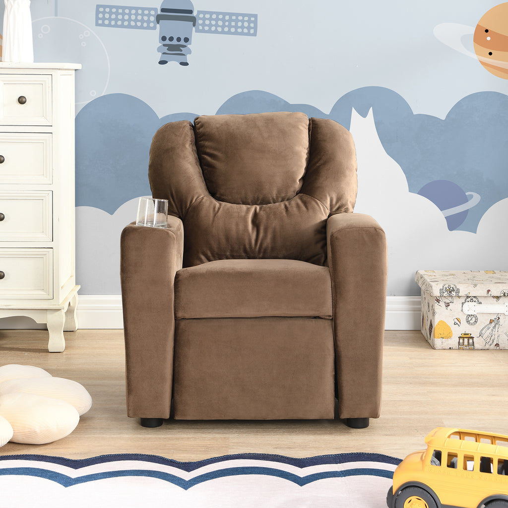 Sally Deluxe Kids Recliner Chair with Cup Holder and Footrest in Brown Velvet, 21.26 x 16.93 x 26.38 inches - Grand Goldman