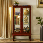 Lighted Curio Cabinet with Adjustable Shelves, Mirrored Back Panel, and Tempered Glass Doors, 3-Tier Cherry Finish - Grand Goldman Shop