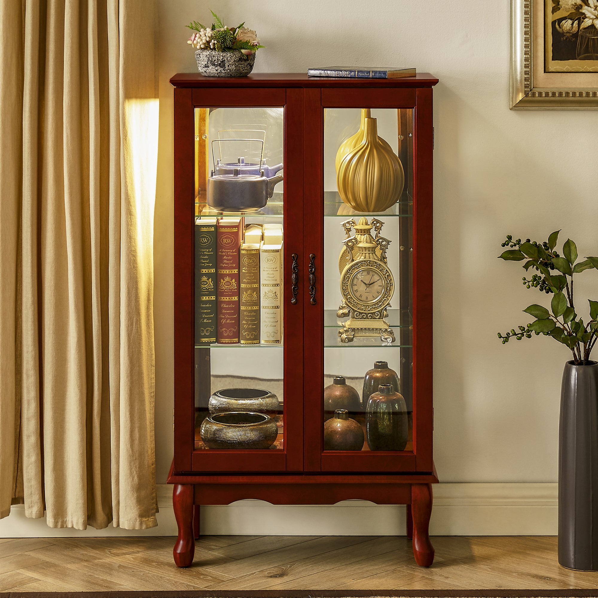Lighted Curio Cabinet with Adjustable Shelves, Mirrored Back Panel, and Tempered Glass Doors, 3-Tier Cherry Finish - Grand Goldman Shop