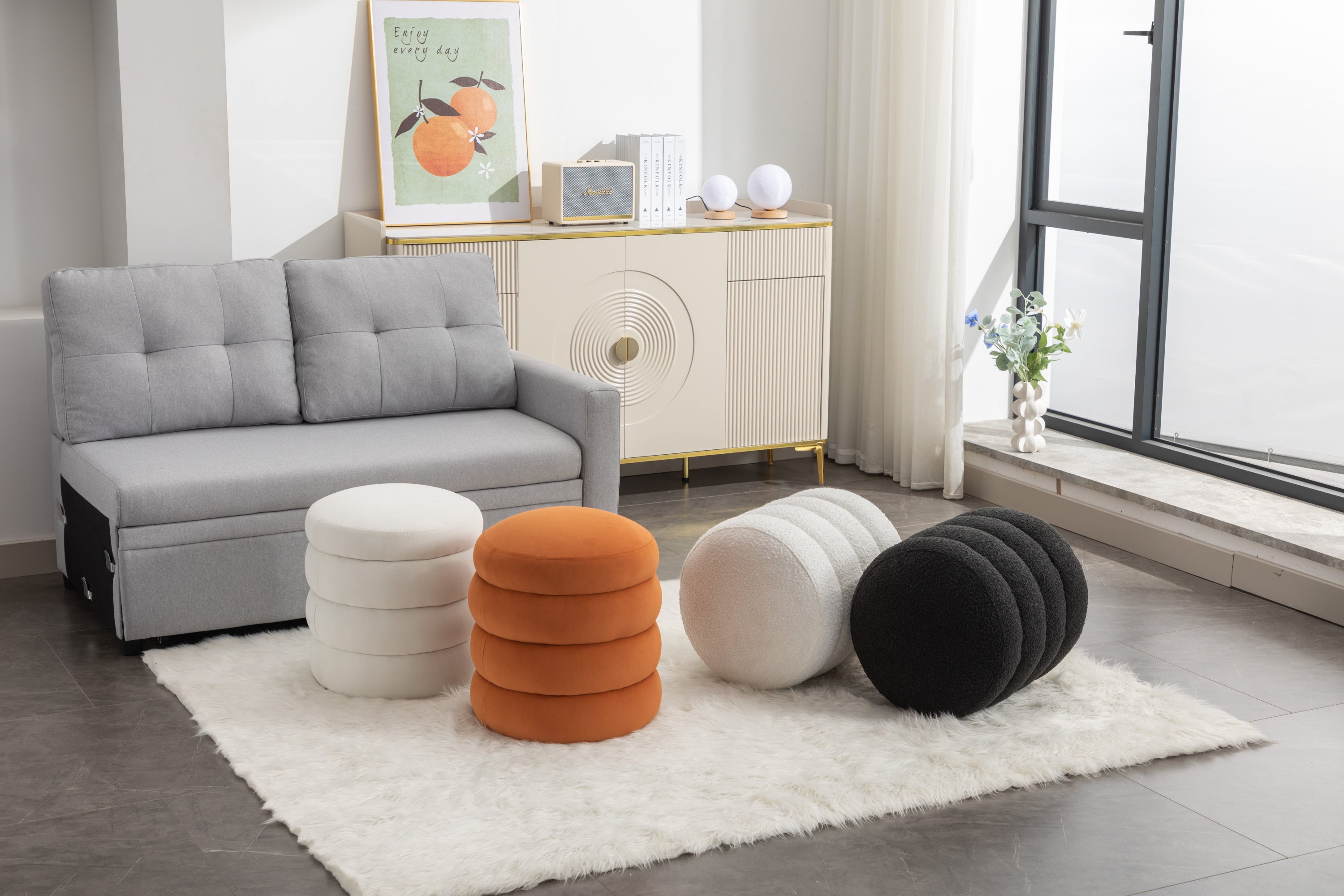 006-Soft Velvet  Round Ottoman Footrest Stool,Ivory - Grand Goldman Shop
