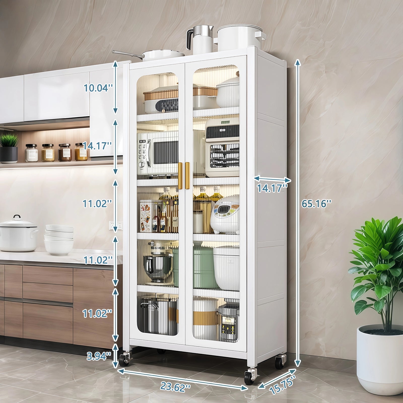 65'  Metal 6-Tier Storage Cabinet with Transparent Door, Adjustable Shelves & Wheels, for Kitchen Pantry Organization, White Metal - Grand Goldman Shop