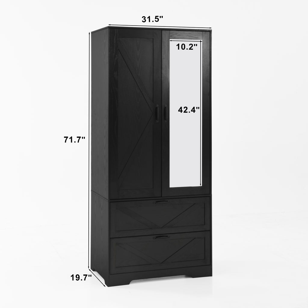 2 Door Wood Wardrobe for Bedroom with Hanging Clothing Rod inside the Cabinet and 2 Drawers for Storage Organization, Built-in induction light Multifunctional Closet with Mirror, Black - Grand Goldman Shop