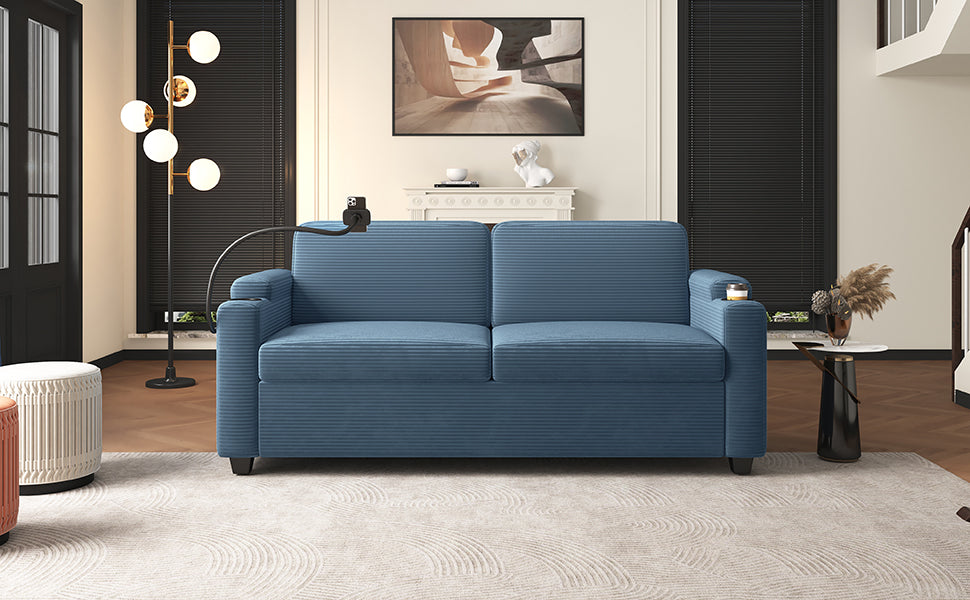 Navy Blue Corduroy Sleeper Sofa Loveseat with Full Size Mattress, USB Ports, Cup Holders, Side Pockets and Phone Holder - Grand Goldman Shop