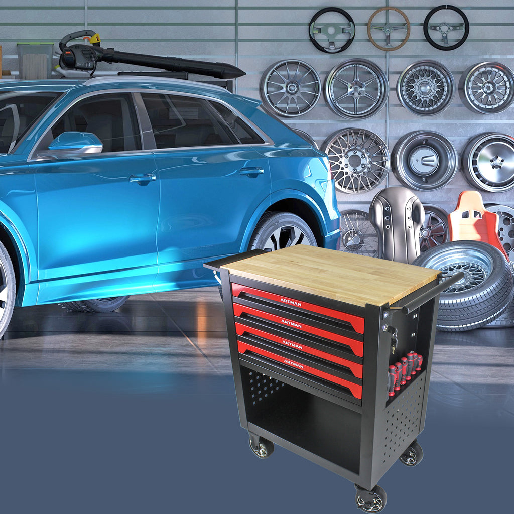 Stylish 4 Drawers Multifunctional Tool Cart With Wheels And Wooden Top - Available at Grand Goldman