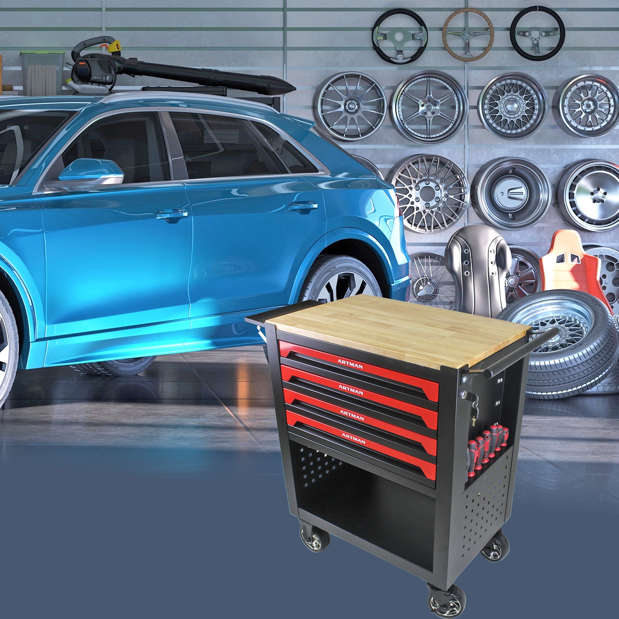 Stylish 4 Drawers Multifunctional Tool Cart With Wheels And Wooden Top - Available at Grand Goldman