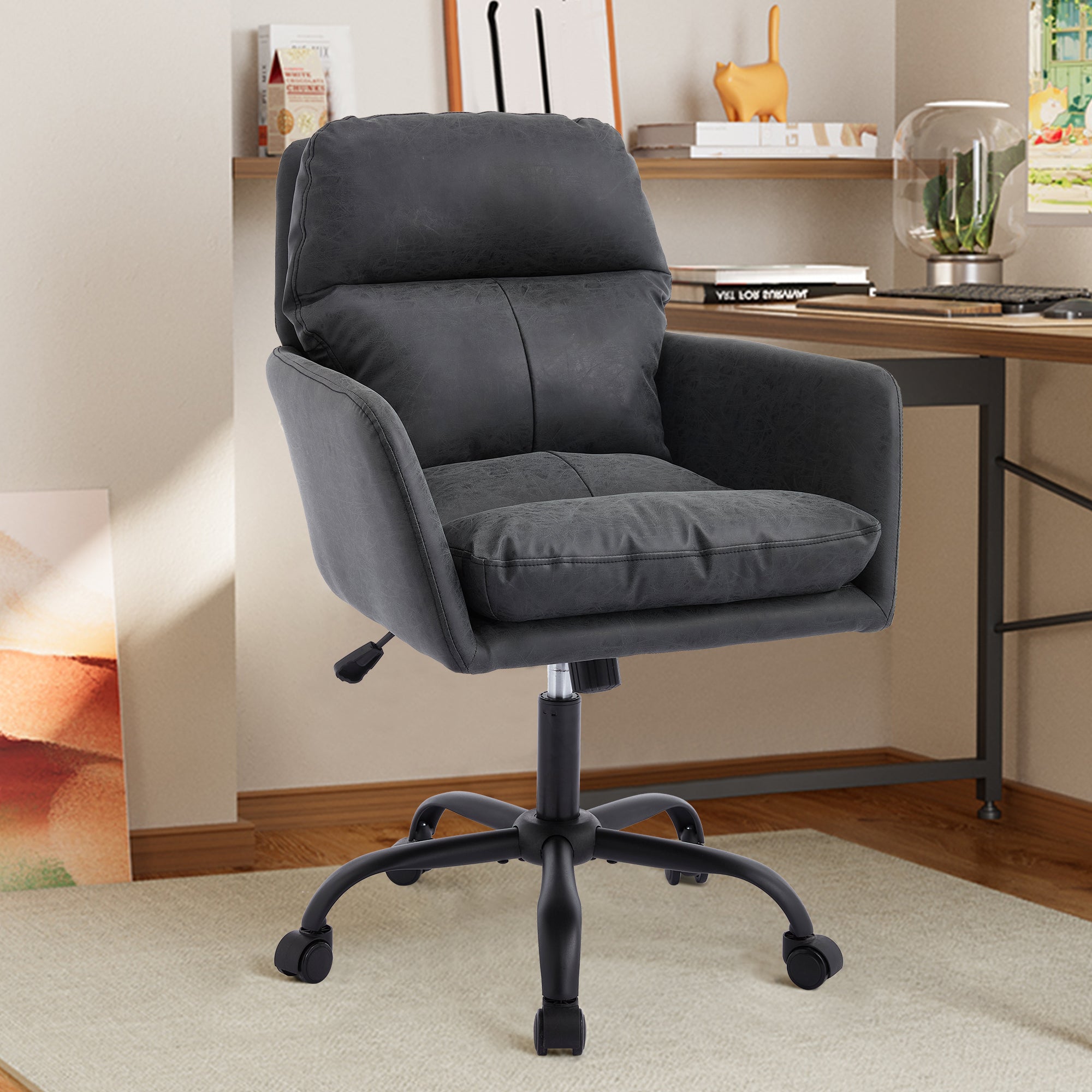 TY Adjustable Office Chair, Ergonomic Swivel Chair, Black Leather, Comfortable for Long Sitting, Versatile Home and Office Us