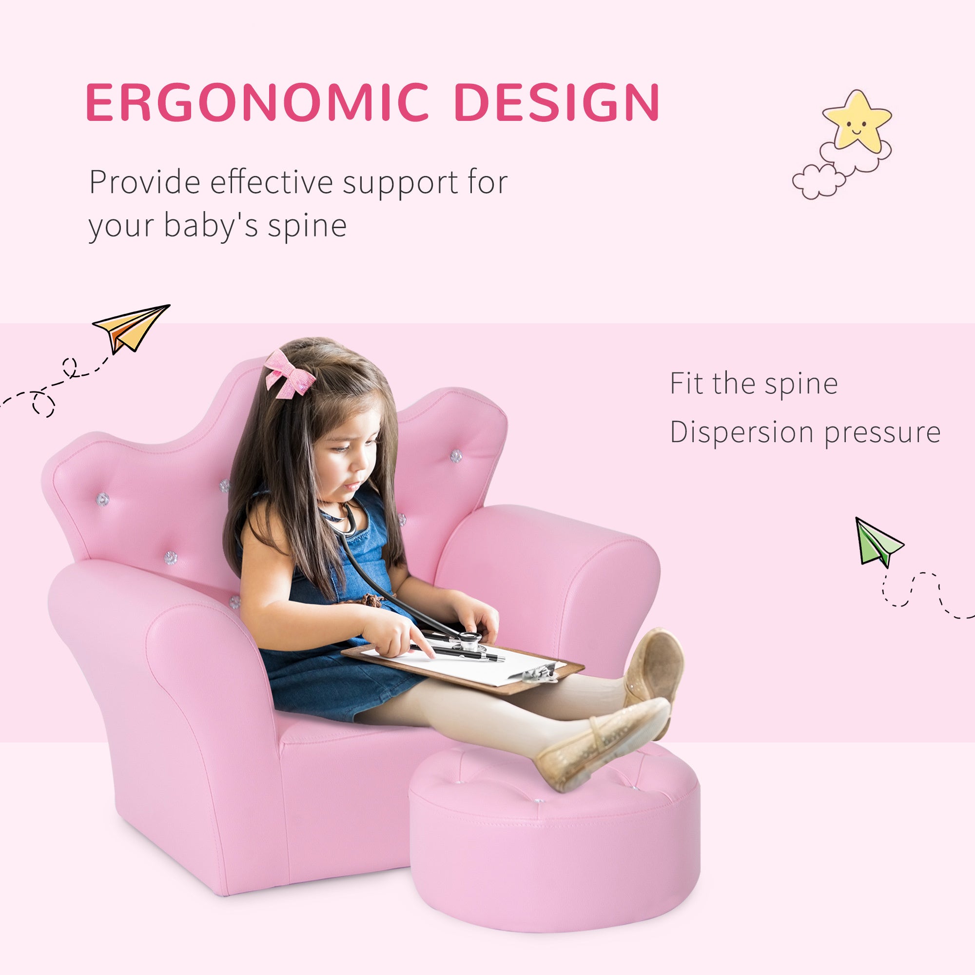 Kids Sofa Set, Children's Upholstered Sofa with Footstool, Princess Sofa with Diamond Decorations, Baby Sofa Chair for Toddle