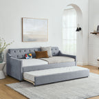 Linen Grey Mid-Century Style Twin Size Upholstered Daybed with Trundle and USB Charging Armrest - Grand Goldman Shop
